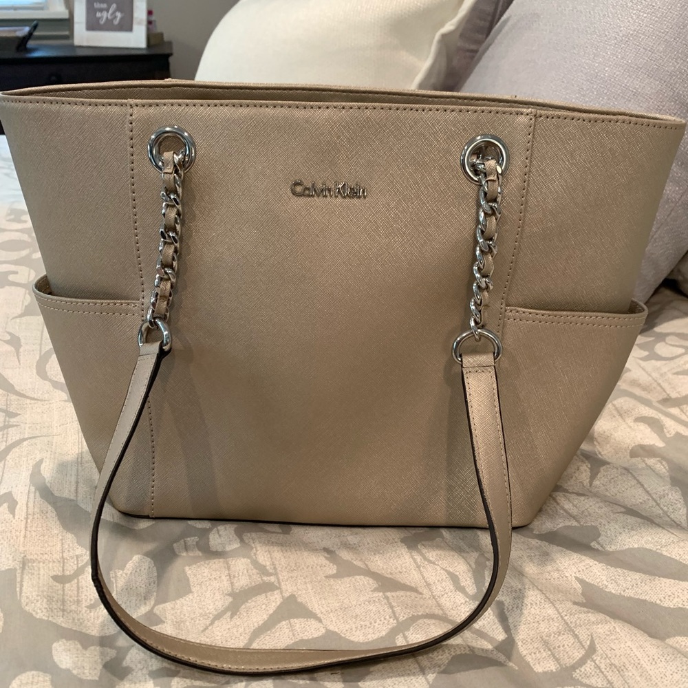 Calvin Klein Saffiano Chain Tote in Beige